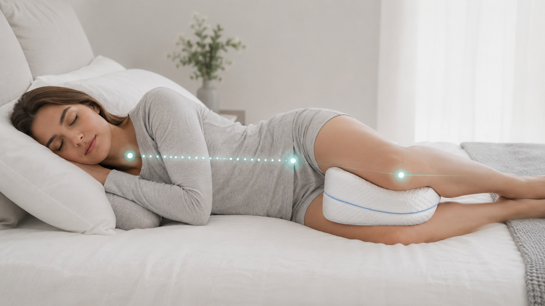 Side sleeper using the Somabody ComfyCloud knee pillow for hip and spine alignment.