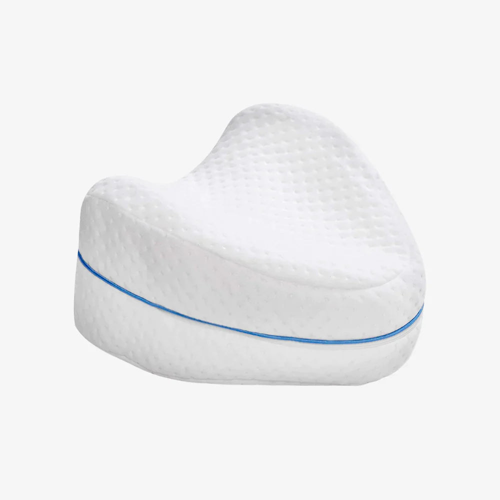 A white orthopedic knee pillow with a blue accent line designed for side sleepers.
