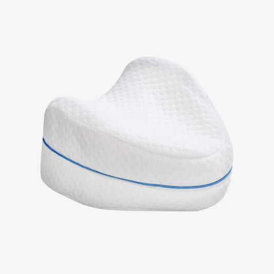 A white orthopedic knee pillow with a blue accent line designed for side sleepers.